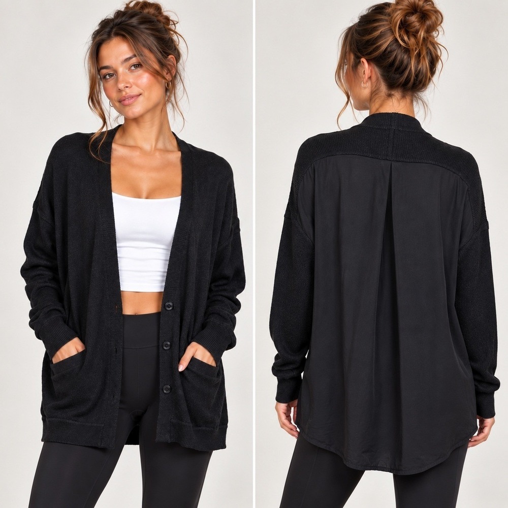 Lululemon Cardi In The Front Womens 12 Black Mixed Media Cashmere Blend Cardigan